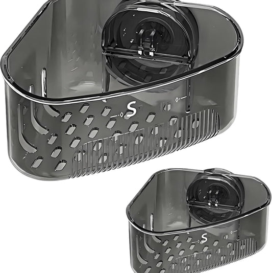 Kitchen Sink Storage Rack Suction Cup Corner Organizer for Sinks Drill-Free Triangular Sink Rack with Drain Basket Includes Adhesive Sponge and Soap Dish 2-Piece Set for Countertop Organization