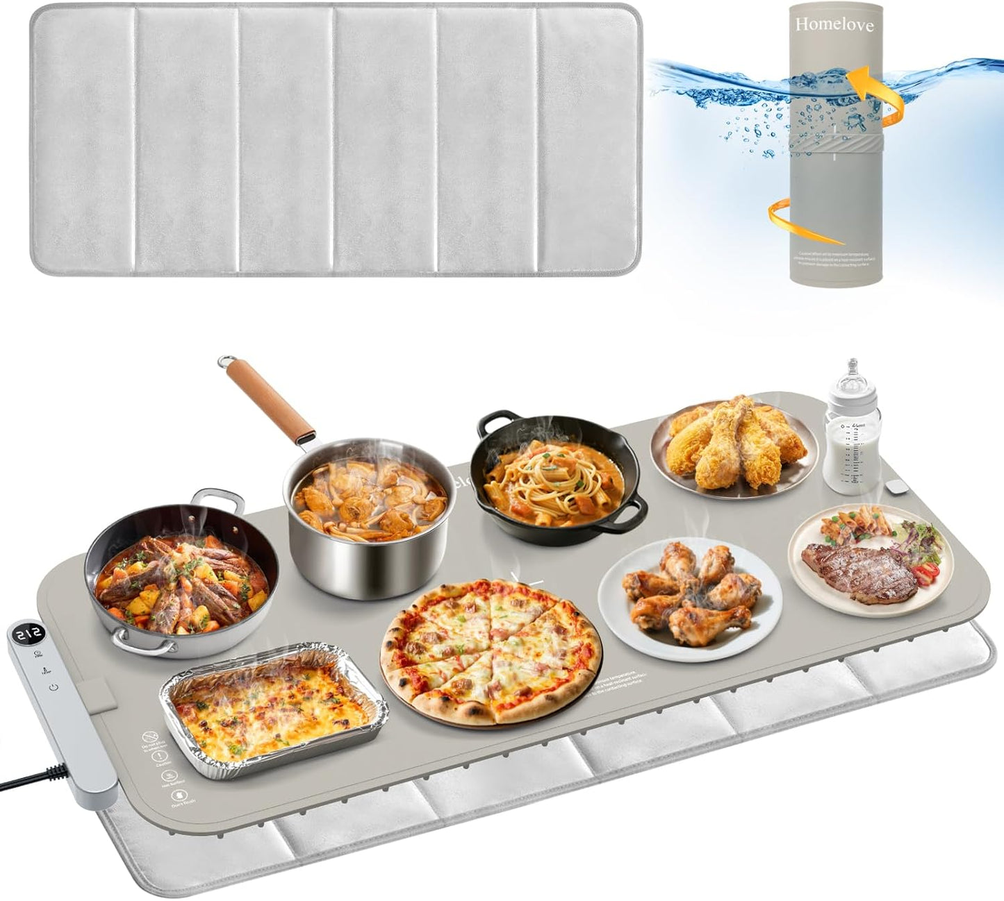 Homelove Food Warming Mat Waterproof - Electric Warming Tray with 6-Level Temperature and Hours Setting, Full Surface Graphene Heating, Dishwasher-Friendly Food Warmer Mat for Parties, Kitchen (Khaki)