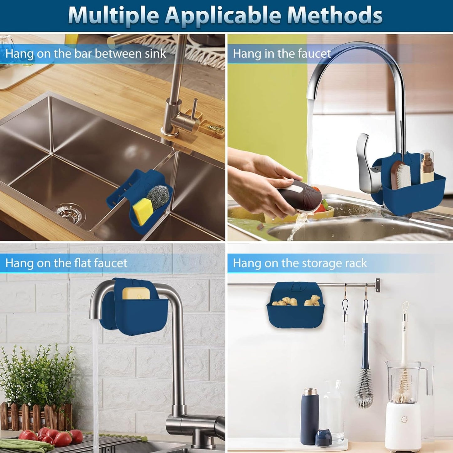 Sponge Holder for Kitchen Sink, Silicone Sink Saddle Caddy Organizer Rack, Sponges Holder Over Faucet, Hanging Kitchen Organizer Accessories Rack Basket Navy Blue