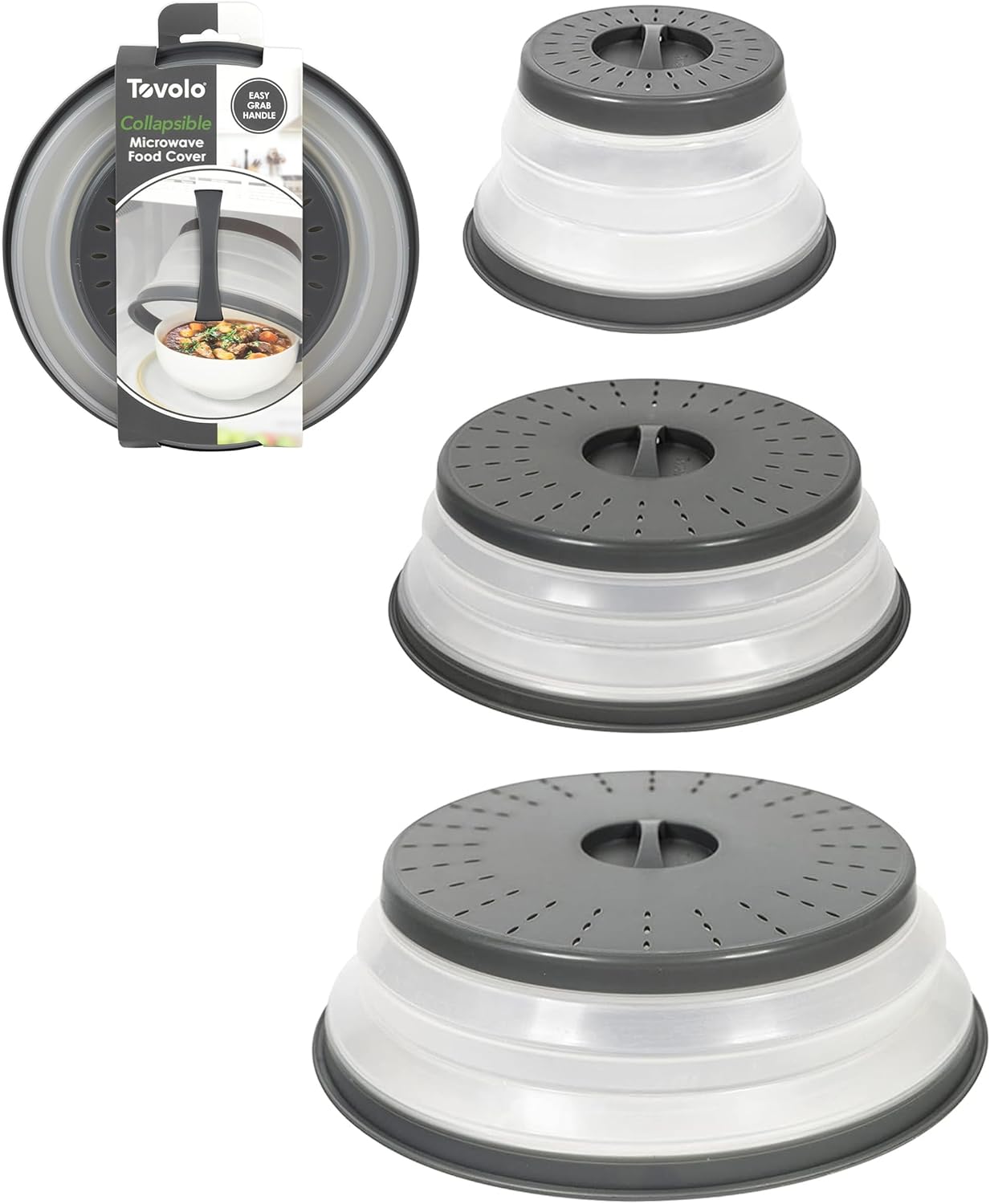 Tovolo Microwave Splatter Cover for Food, 3-Pack (Charcoal) - Collapsible & Vented Silicone Splatter Guard Lid - Microwave Plate & Dish Cover with Handle - BPA-Free Kitchen Gadget for Meal Prep