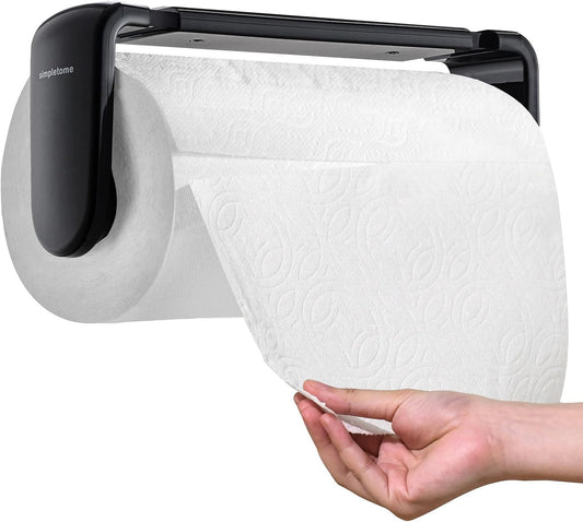 simpletome Paper Towel Holder Under Cabinet or Wall Mount ONE Hand Operation Tension Arm Kitchen Roll Holder (Black, for 24-28cm/9.4-11inches roll)