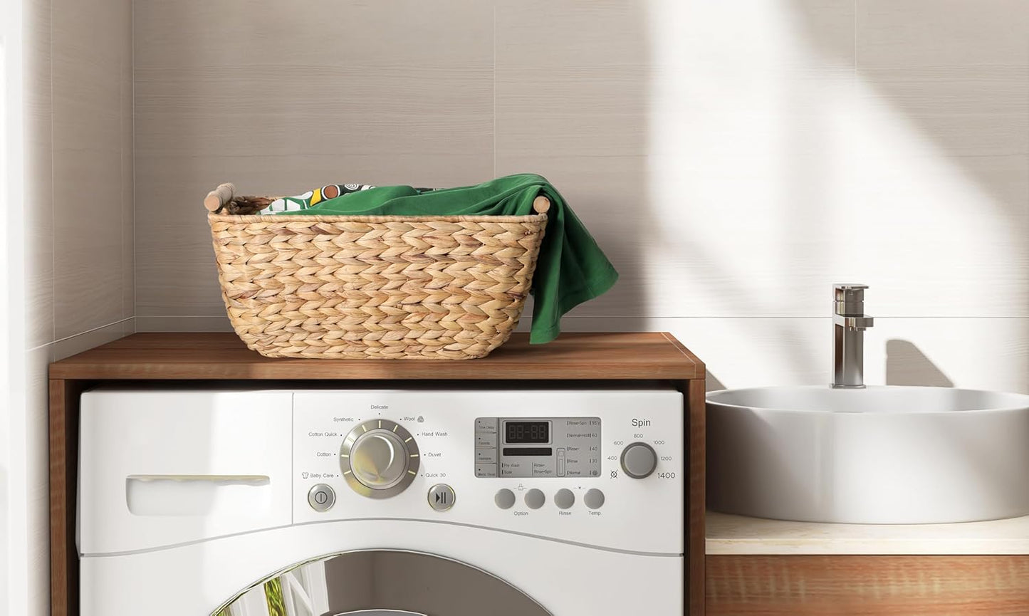 Large Wicker Storage Baskets with Wooden Handles, Woven Water Hyacinth Storage Organizers for Throw Blankets, Bedroom, Living Room, Laundry，2-Pack