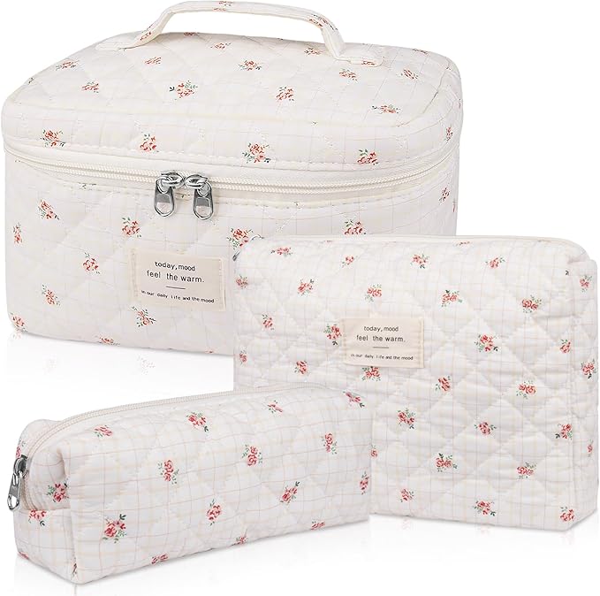 Makeup Bag Set, Quilted Makeup Bag, Large Floral Cosmetic Bag for Women, Cute Cotton Makeup Bags, Flower Travel Toiletry Organizer Bag(Plaid Floer)
