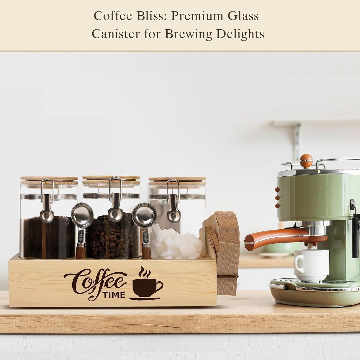 Glass Coffee Canister Set with Shelf & Spoons 3 Piece Coffee Containers for Ground Coffee Coffee Bean Storage Airtight Seal, Coffee Bar Coffee Filter Holder for Kitchen Organization