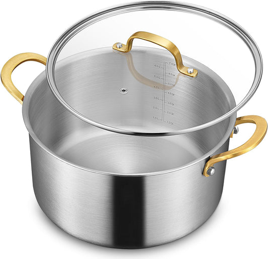 BEZIA 6 Quart Tri-Ply Stainless Steel Stockpot，Even Heat Distribution, Cooking Pot With Sturdy Handles, Oven-Safe Up to 500°F, Compatible with All Cooktops, Perfect for Soups & Stews, Silver