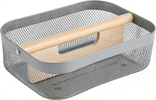 Metal Mesh Steel Storage Basket, Garden Harvest Wire Organizer Basket Multi-functional Kitchen Fruit Basket with Wooden Removable Partition & Handle for Bathroom Picnic Decor Cabinet, Grey