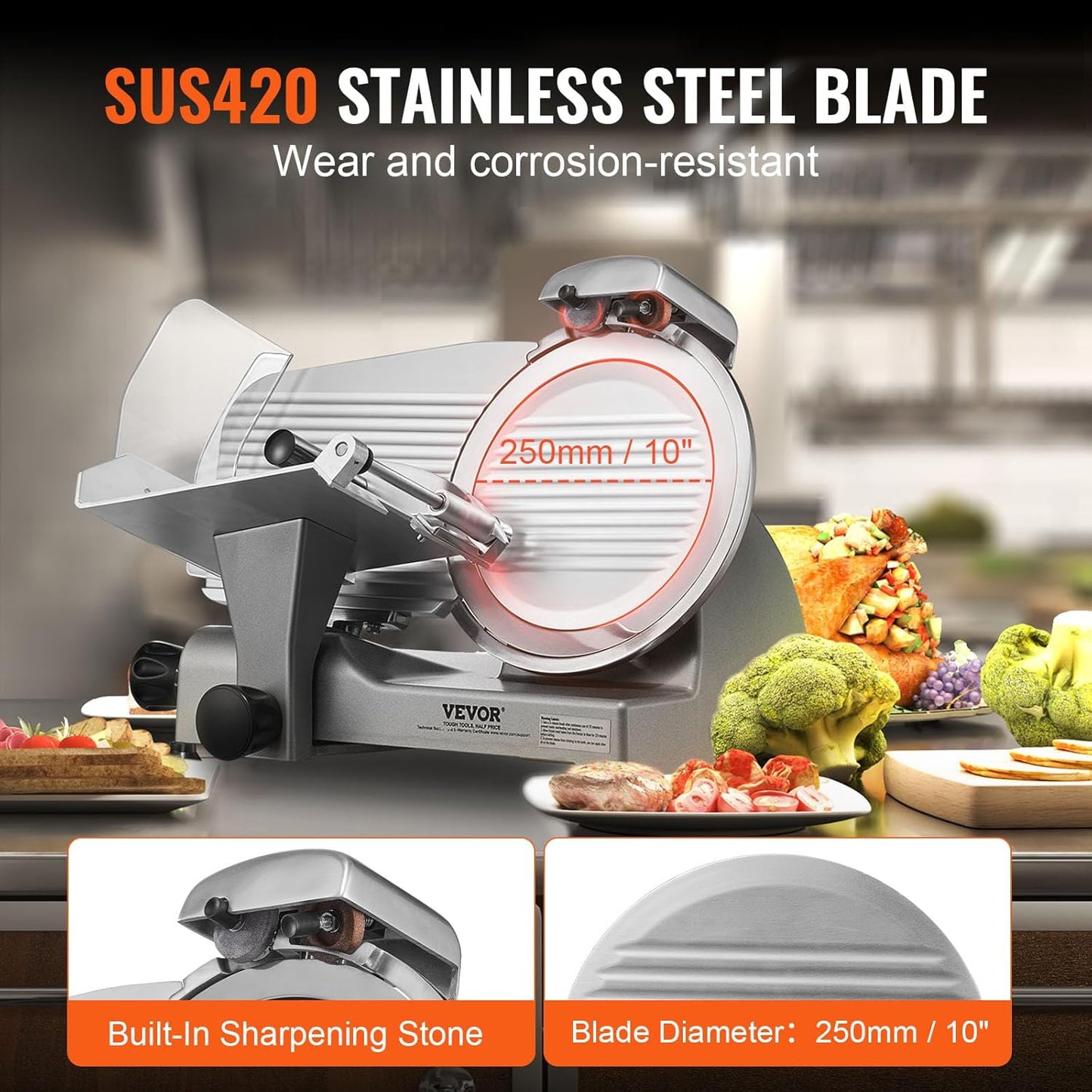 Meat Slicer, 340W Electric Deli Food Slicer with 10" SUS420 Stainless Steel Blade and Built-in Sharpening Stone, 0-0.6 inch Adjustable Thickness for Commercial and Home Use, Cut Meat and Cheese
