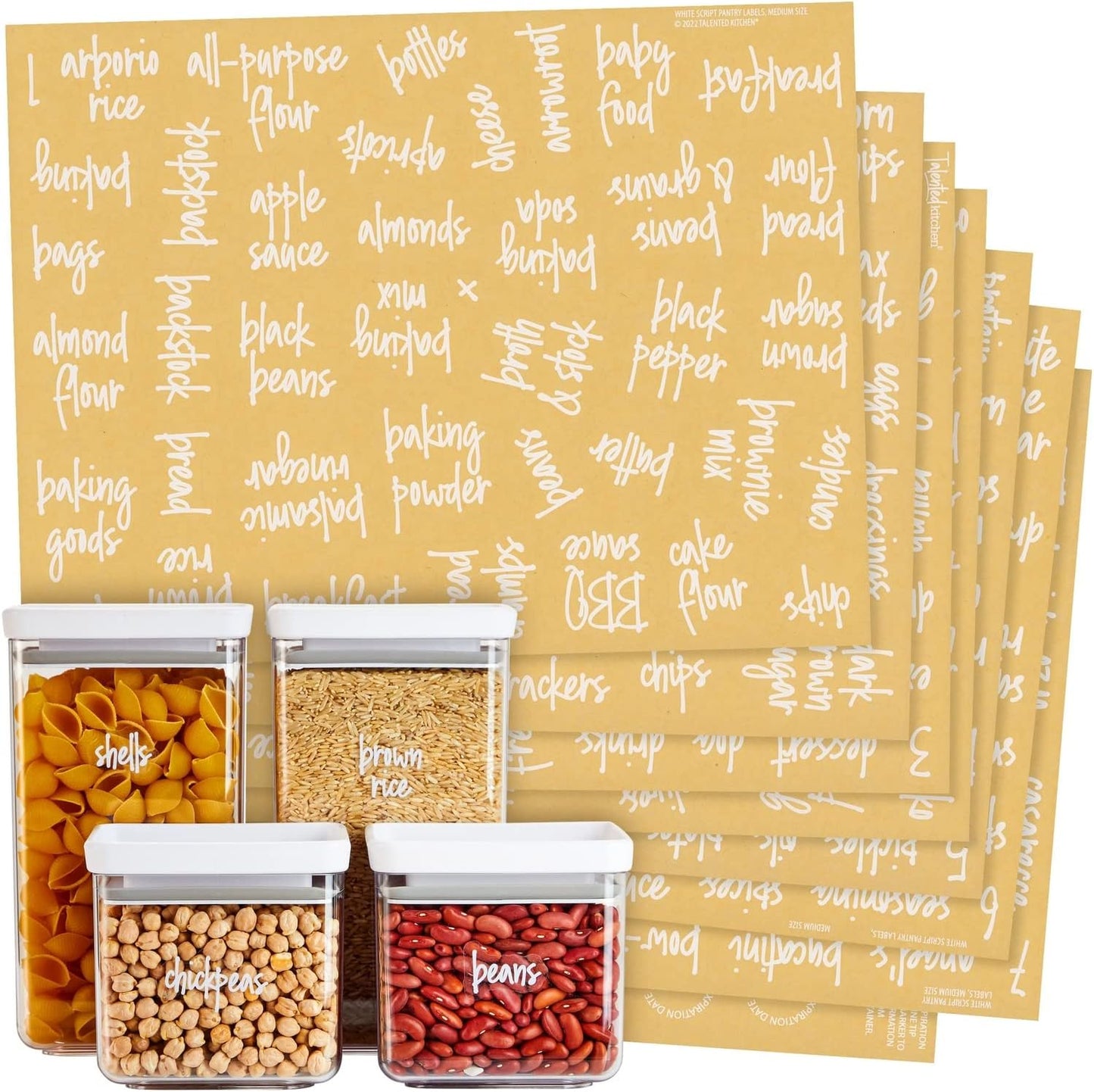 Talented Kitchen Pantry Labels for Containers (375 Pack) - White Script Pantry Stickers for Organizing Food Containers, Jars, Storage, and Bins (Water Resistant)