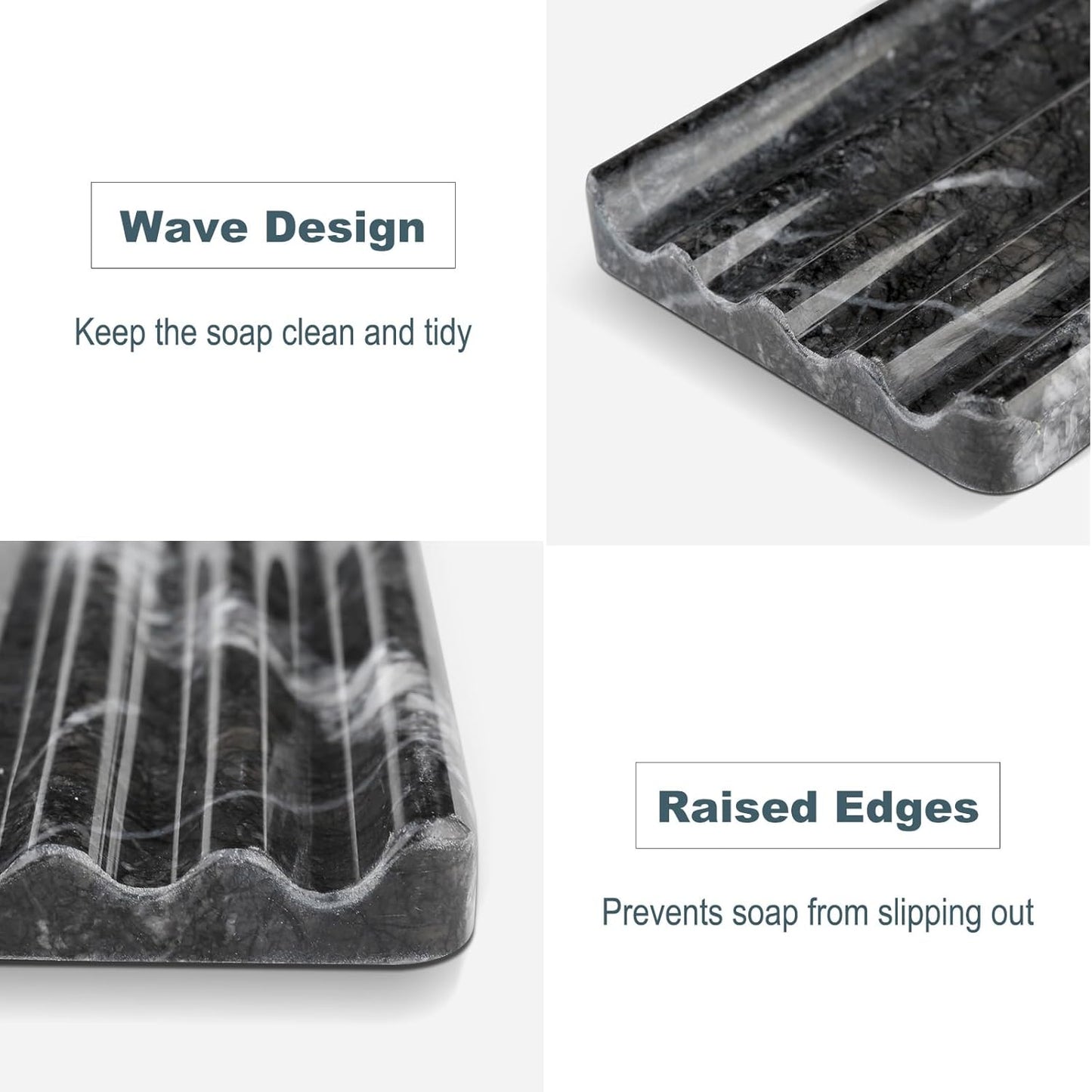 Marble Soap Dish, Bar Soap Holder Shower, Black Soaps Bathroom Saver with Water Ripple Design, Easy Cleaning Natural Stone Sponge Holder for Kitchen Sink, Executive Jewelry Ring Tray
