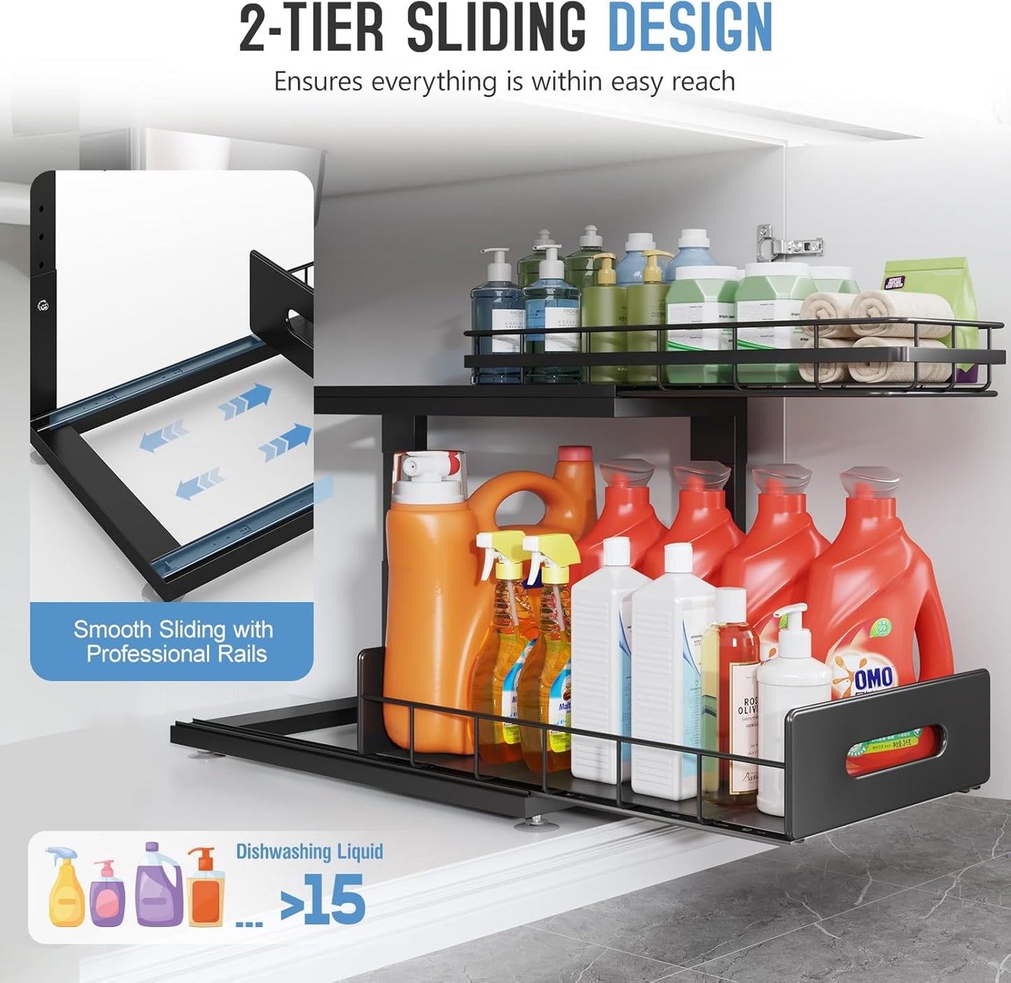 2 Pack 18 IN Depth Under Sink Organizer with Smooth Ball Bearing Slides,2-Tier Pull Out Cabinet Storage,Slide Out Drawers for Bathroom&Kitchen,Rust-resistant Coating,Height Adjustable-Black