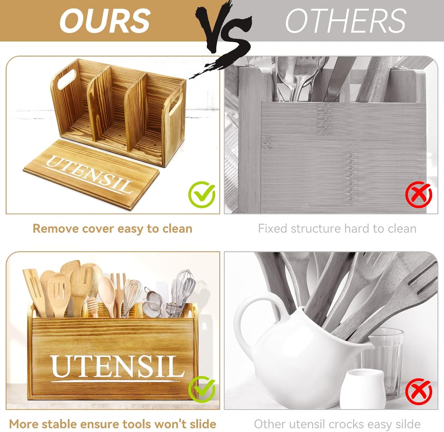 Kitchen Utensil Holder Rustic Large Wooden Utensil Organizer Cooking Tools Storage (Farmhouse Wooden)