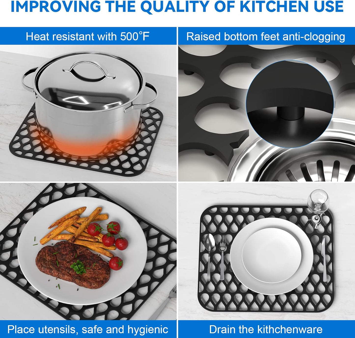 Silicone Sink Mat 2PCS TOOVEM Cistern Protectors for Kitchen Sink, Grid Non-Slip Folding Kitchen Sink Mats for Bottom of Stainless Steel Porcelain Cistern- Black