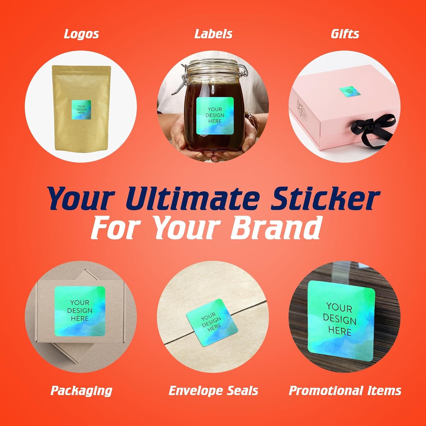 100 Custom Vinyl Stickers - Upload Your own Image, Text, Design, Logo - Personalized Logo Labels for Handmade, Packaging, Bottle, Jars, Candle, Brand Stickers (Blue Green, 1.5x1.5 Square)