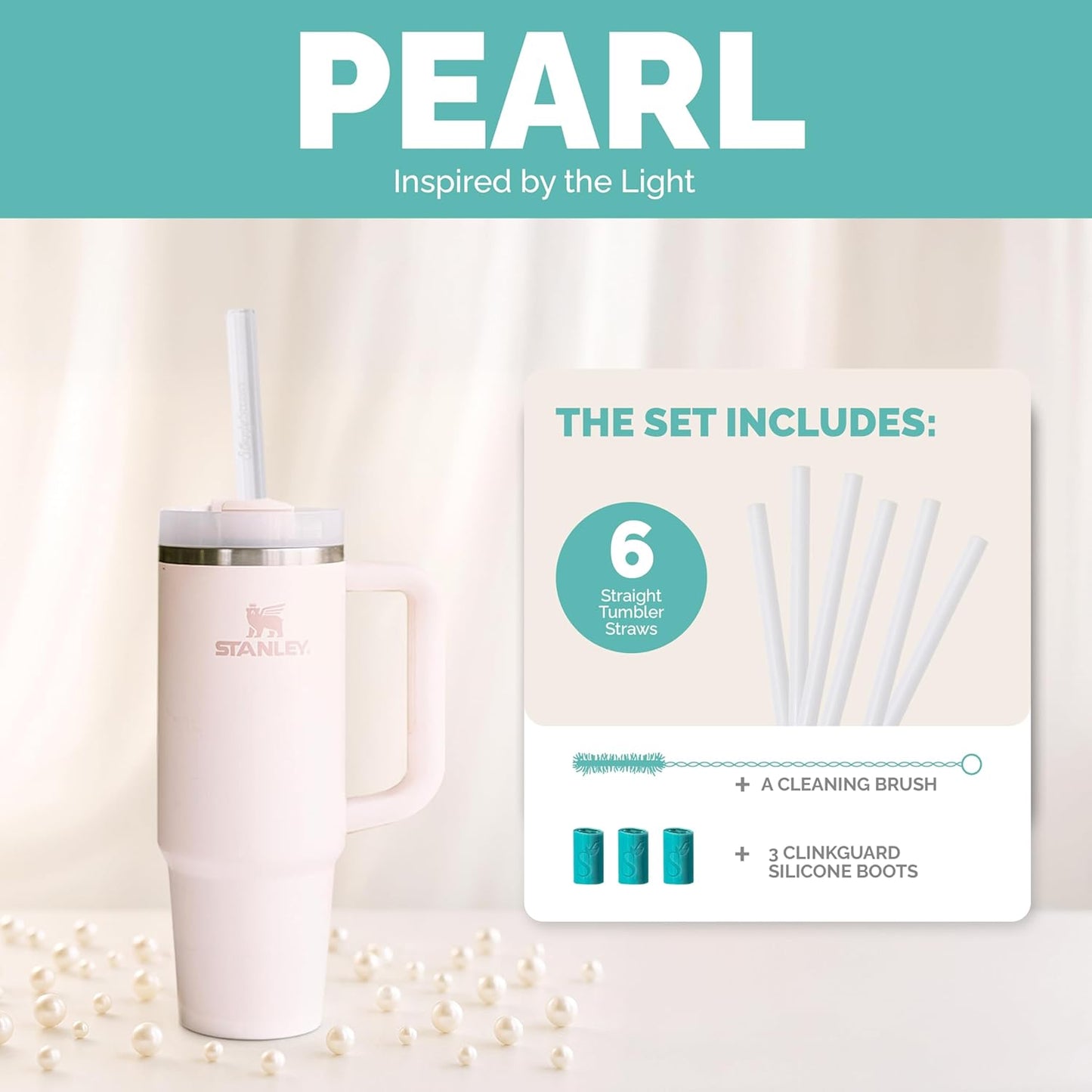 Simply Straws 12 Inch Glass Straws Straight (6-Pack) – Reusable Glass Straws for Stanley 40 Oz Tumbler, with Cleaning Brush – Durable, Dishwasher Safe, Hot & Cold Use, BPA-Free (Pearl)