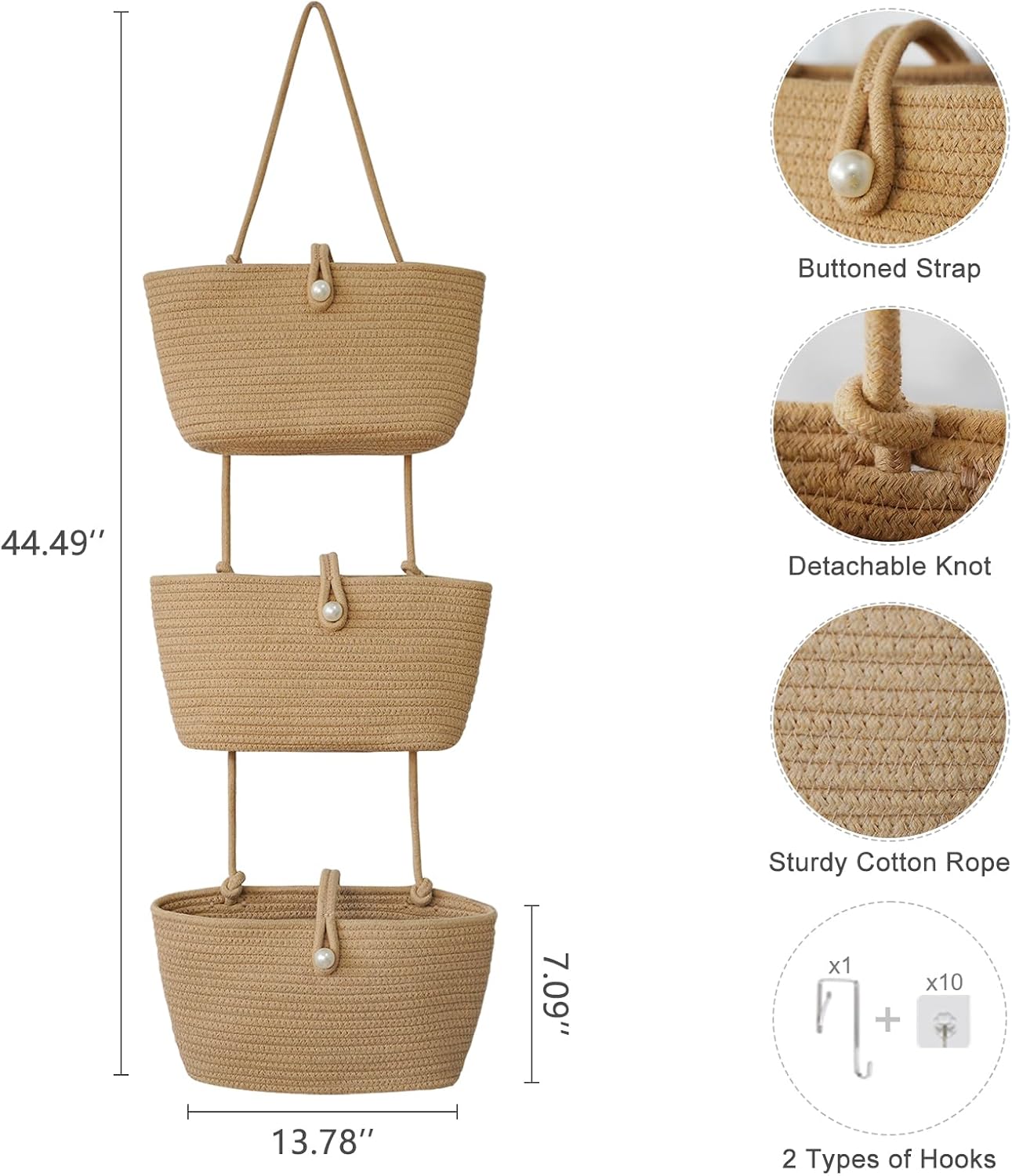 TeoKJ 3-Tier Hanging Baskets for Storage with Pearl Button Strap, Cotton Rope Over the Door Organizer, Wall-Mounted with Hook Decorative Hanging Nursery Baskets, Jute