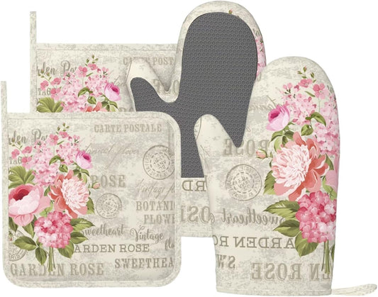 Rose Leaf Vintage Oven Mitts and Pot Holders 4 pcs Set Silicone Flowers Elegant Postcard Rose Kitchen Oven Mitt Gloves Pot Holders Non-Slip Heat Resistant Cooking Mitts Set for Kitchen BBQ