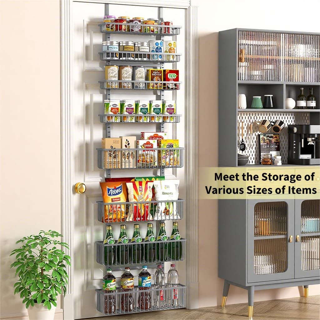 Moforoco Grey Over The Door Pantry Organizer, Pantry Door Organizer Shelves, Kitchen Organizers and Storage, Hanging Basket Wall Spice Rack Seasoning Shelves, Laundry Room Bathroom accessories