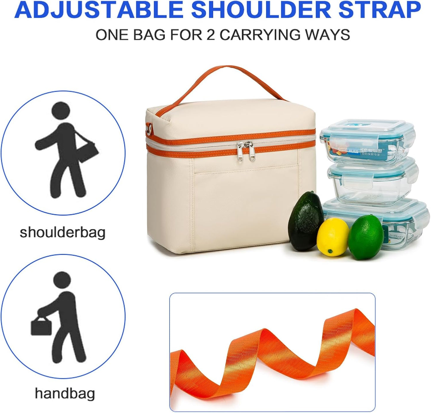 NOL Insulated Lunch Bags for Women Cooler Bag Lightweight Nylon Waterproof Lunch Box For Work (Medium(normal), Cream/orange)