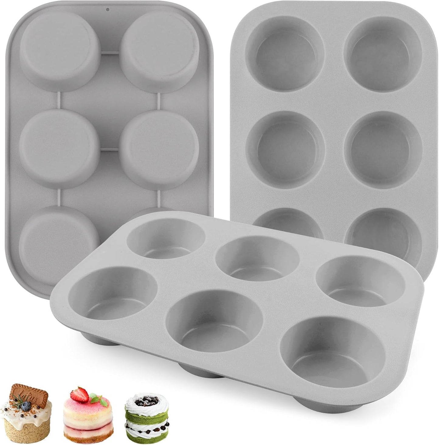 3-Pack 6-Cup Silicone Muffin Pans, Nonstick Cupcake Baking Molds, BPA/PFA-Free, Dishwasher & Oven Safe - Gray
