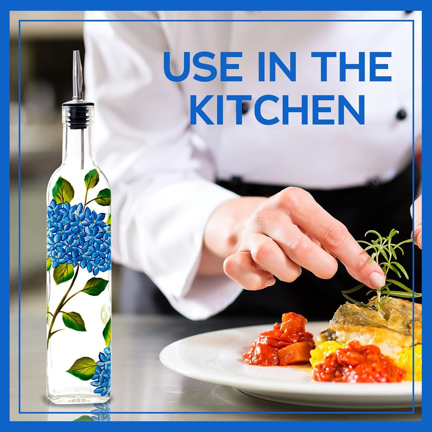 17oz Hand Painted Glass Olive Oil Bottle Dispenser - 500ml Green Oil & Vinegar Cruet with Pourers - Olive Oil Carafe Decanter for Kitchen (hydrangea)