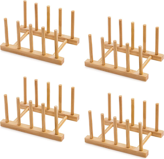 Bamboo Dish Drying Rack for Kitchen Counter and Cabinet, Dish/Book/Plate/Bowl/Cup/Cutting Board/Pot Lid Organizer for Kitchen, Living Room, Study, Display Cabinet (4 Slots)