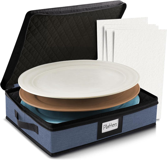 Platter Storage Case – Fine China Storage Containers Hard Shell, Quilted and Stackable 16”x 12.5”x 3.5” Platter Storage Container with Handles and Felt Dividers for Moving and Seasonal Storage, Blue