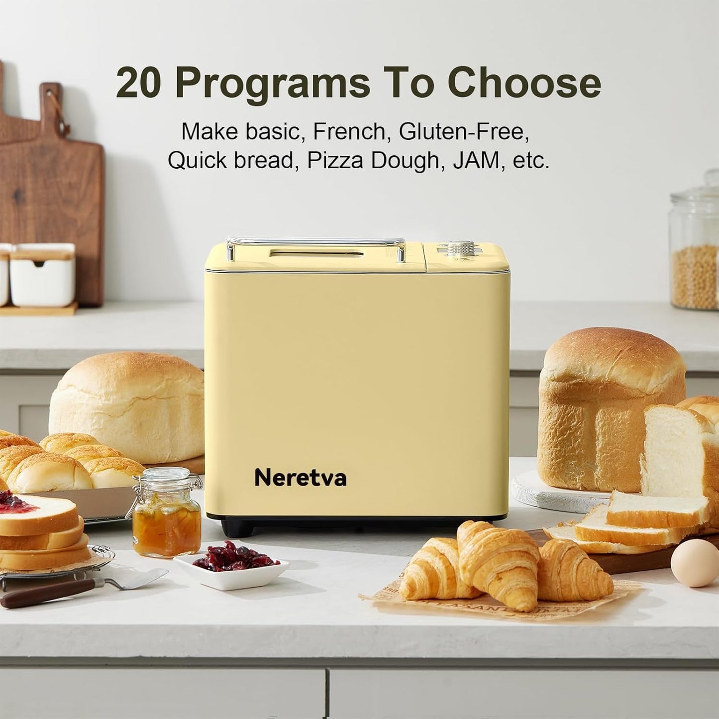 Neretva 20-IN-1 Bread Maker, Dual Heater 2LB Bread Machine Stainless Steel Bread Maker Machine Nonstick Ceramic Pan Compact for Gluten Free/Sourdough/Whole Wheat Bread/Yogurt, Breadmaker Recipe-Yellow