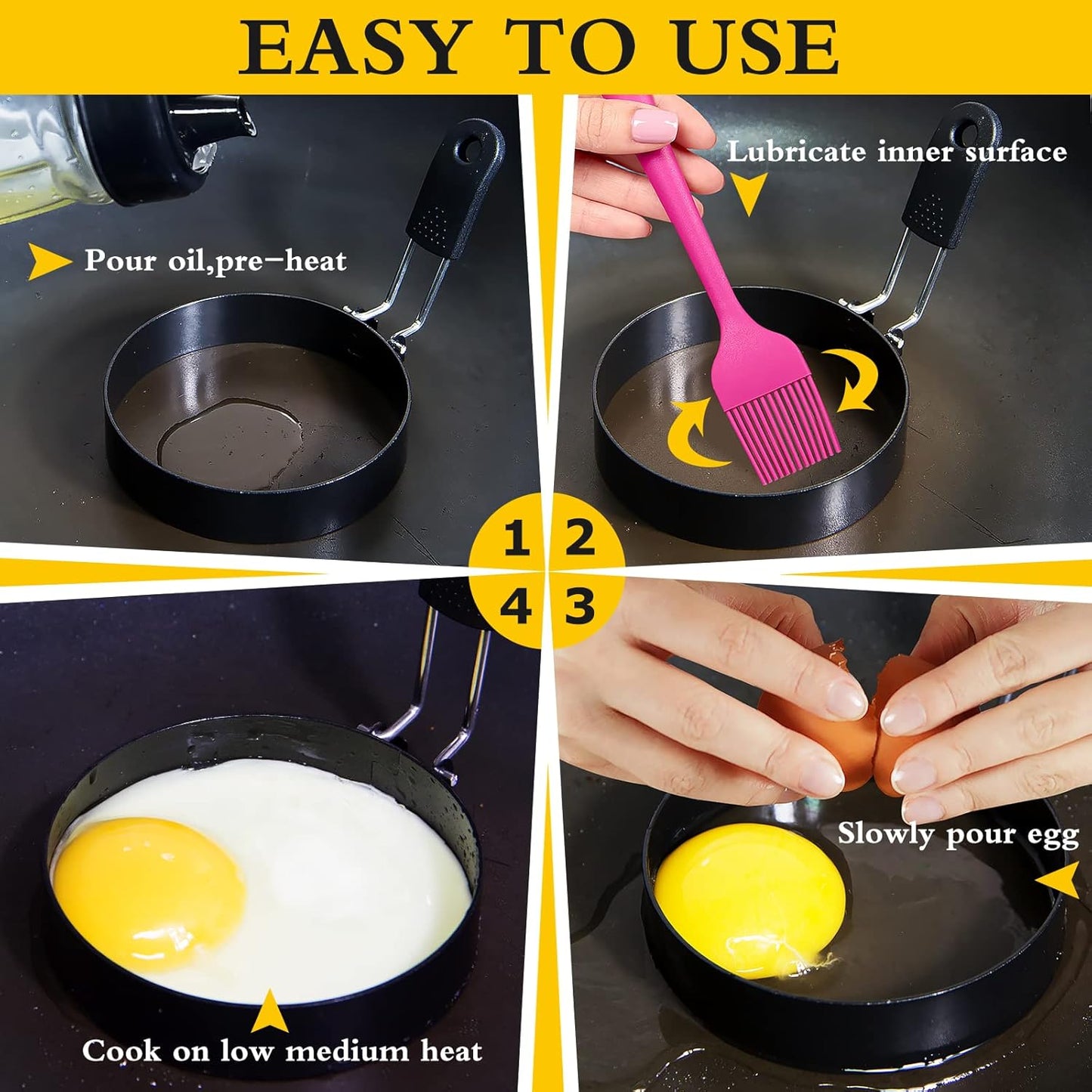 3 packs 3.5'' Egg Rings Set with Silicone Handle, Stainless Steel Egg Cooking Rings，Nonstick，For Frying Eggs and Egg Mcmuffins, Egg Mold For Breakfast