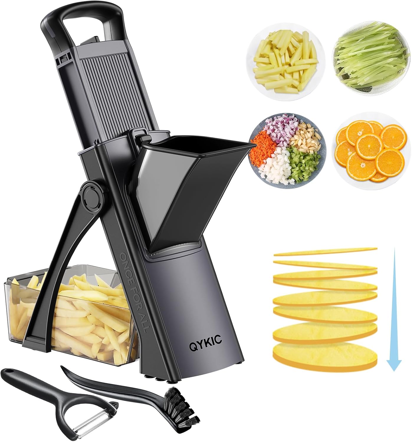 Safe Mandoline Food Slicer for Kitchen, Adjustable Vegetable Chopper Food Slicer with Peeler Thickness Adjuster, Potato French Fry Cutter, Kitchen Chopping Artifact (Black)