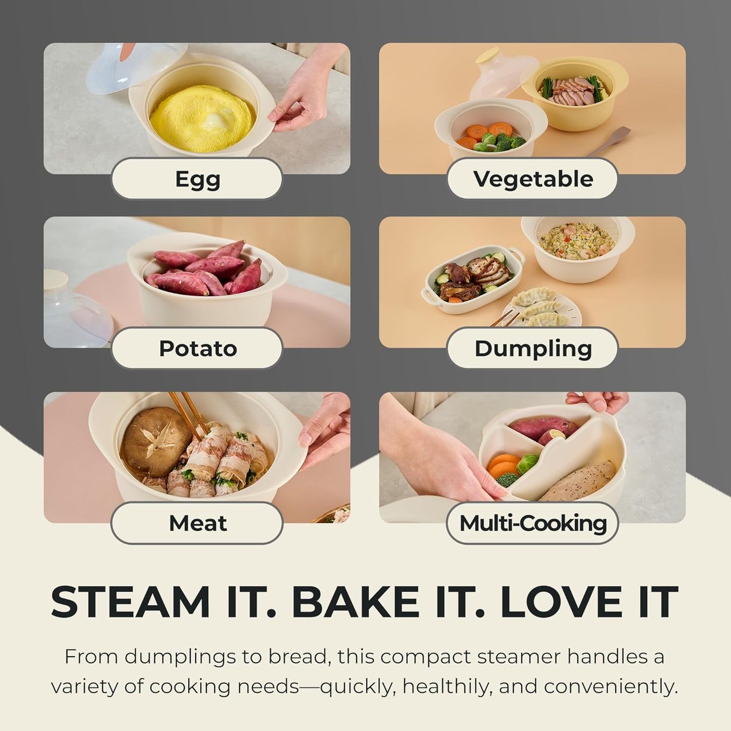 48oz Platinum Silicone 3 Compartmented Microwave Steamer Pot with Handle & Lid - Korean 100% Food-Grade Steamer Bowl, Heat-Resistant Cooker with Steam Holes, Easy Clean, Dishwasher Safe, Yellow