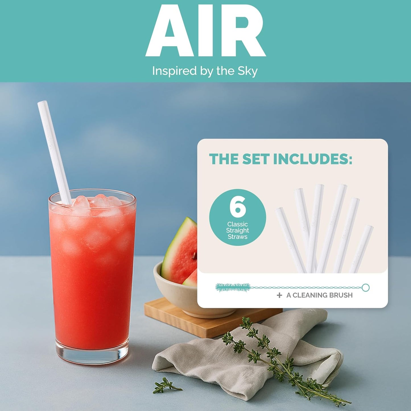 Simply Straws 10 Inch Glass Straws Straight (6-Pack) – Reusable Glass Straws for 24 Oz Mason Jars & Tumblers, with Cleaning Brush – Durable, Dishwasher Safe, Hot & Cold Use, BPA-Free (Air)