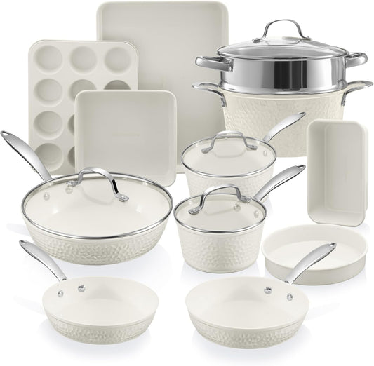 Gotham Steel Hammered 15Pcs Ceramic Cookware Set Nonstick, Induction Pots and Pans Set Non Stick with Bakeware Set & Steamer for Cooking, Non Toxic PFOA PFOS Free, Oven & Dishwasher Safe, Cream White
