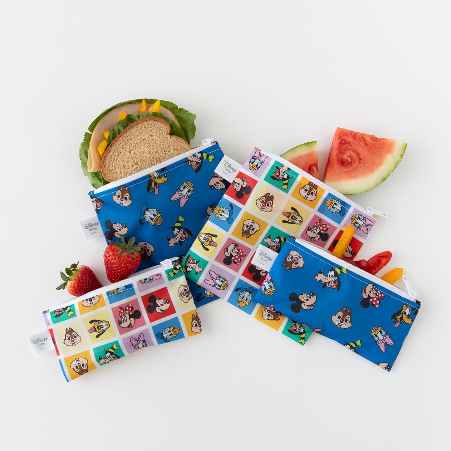 Bumkins Disney Reusable Sandwich and Snack Bags, for Kids School Lunch and for Adults Portion, Washable Fabric, Waterproof Cloth Zip Bag, Travel Pouch, Food-Safe Storage, 4-pack Set Mickey and Friends