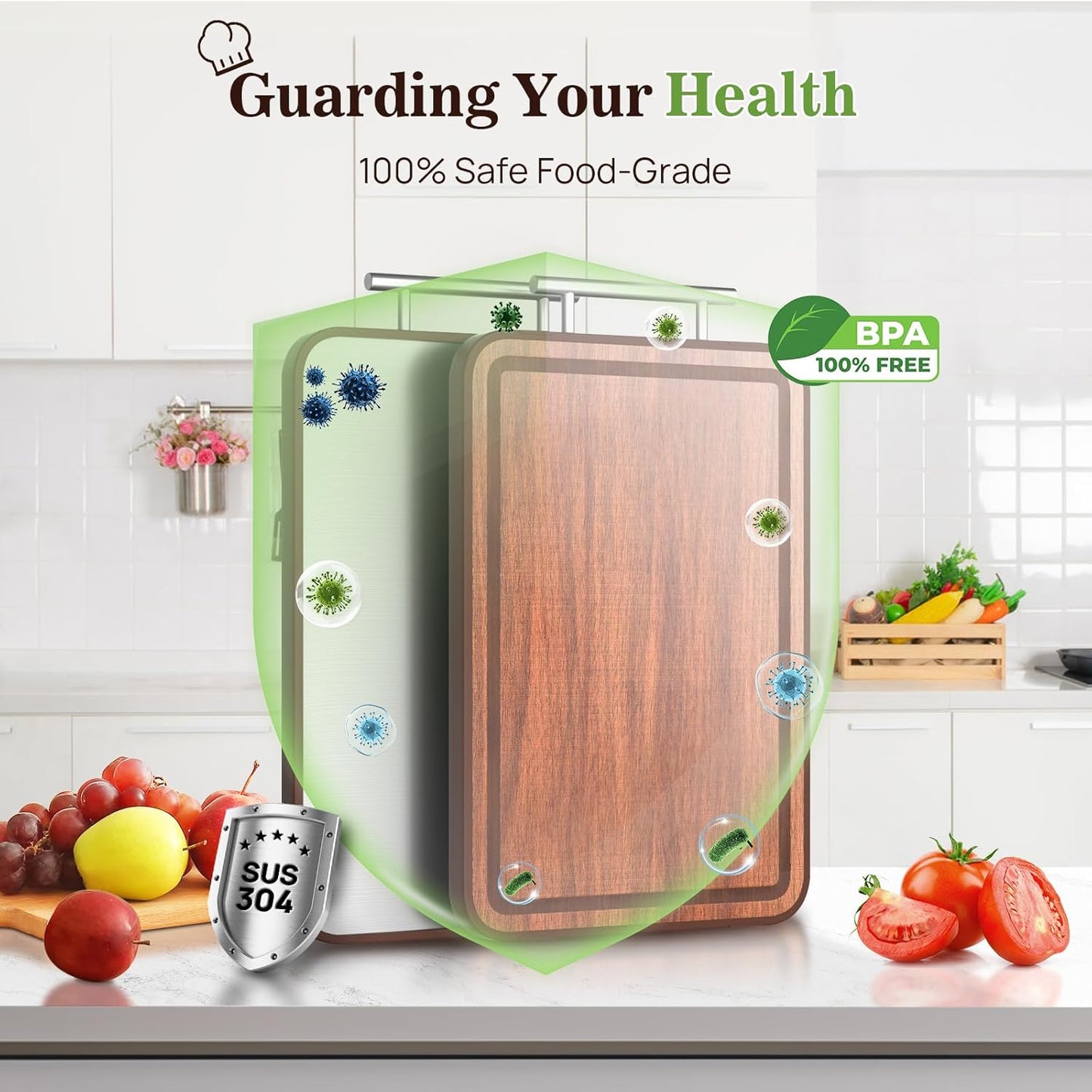 Stainless Steel Cutting Board Wood Double Sided, 2025 Upgraded Ebony Wood Cutting Boards for Kitchen, Charcuterie Board with Juice Groove, Chopping/Board Titanium 16.3''×11''×1''