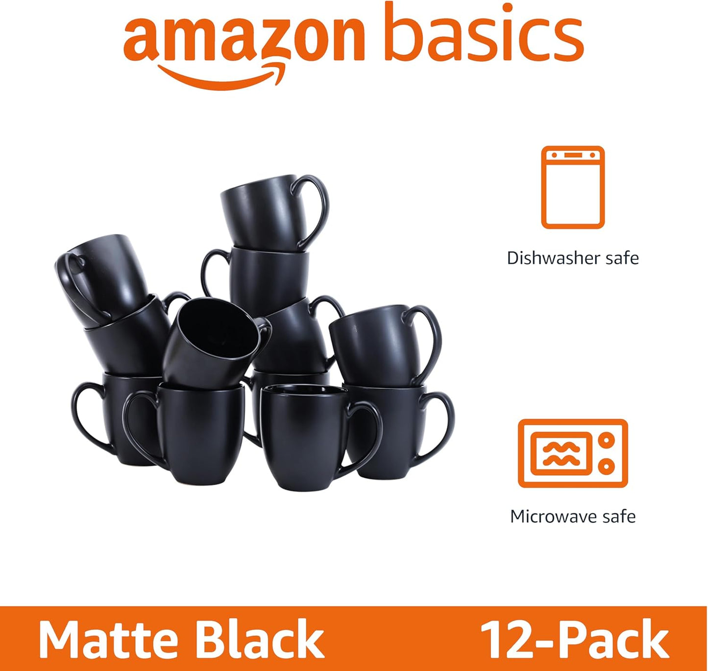 Amazon Basics 12-pack Matte Black Ceramic Coffee Mug, 16 ounces, Microwave-Safe, Stoneware, Commercial-grade