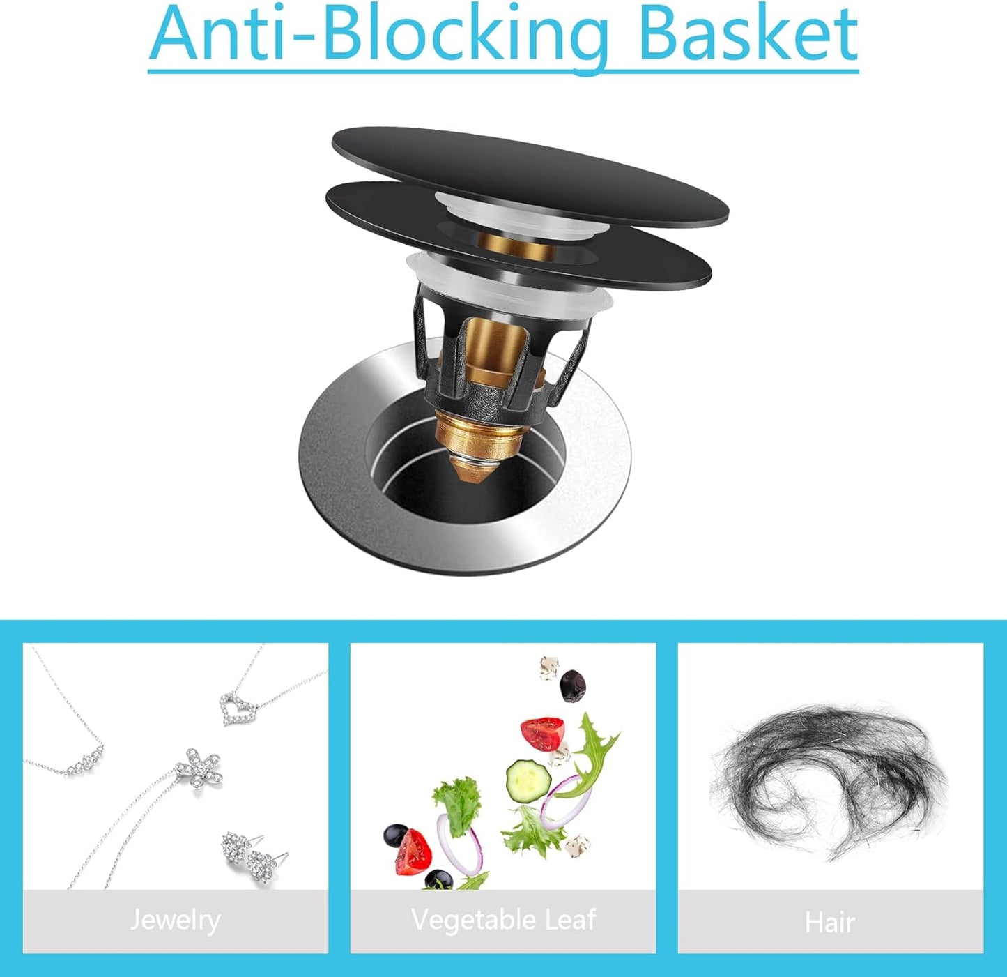 Universal Bathroom Sink Stopper in Brass, 1.04-1.97 Inch Pop Up Basin Sink Drain Stopper, Sink Drain Strainer with Anti Clogging Filter Hair Catcher, Large Lid Black