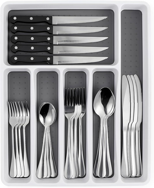 49 Piece Silverware Set with Organizer - Stainless Steel Cutlery Set for 8, kitchen Utensil Flatware with Steak Knives, Spoons and Forks, Dishwasher Safe, Rust-proof & Mirror Polished