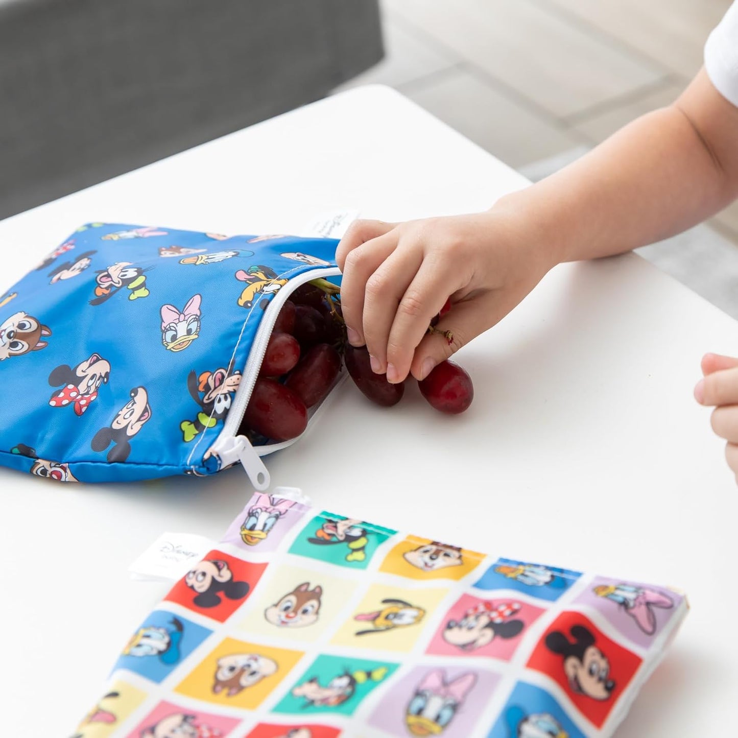 Bumkins Disney Reusable Sandwich and Snack Bags, for Kids School Lunch and for Adults Portion, Washable Fabric, Waterproof Cloth Zip Bag, Travel Pouch, Food-Safe Storage, 4-pack Set Mickey and Friends