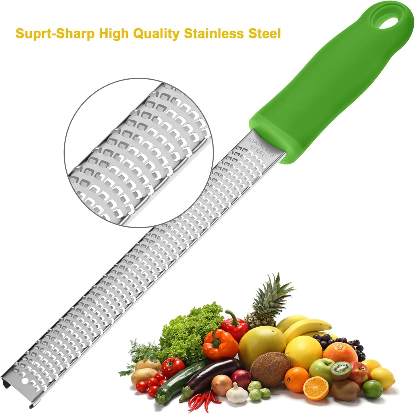 Lemon Zester, Stainless Steel Kitchen Cheese Grater, Plastic Cover Ergonomic Soft Green Handle