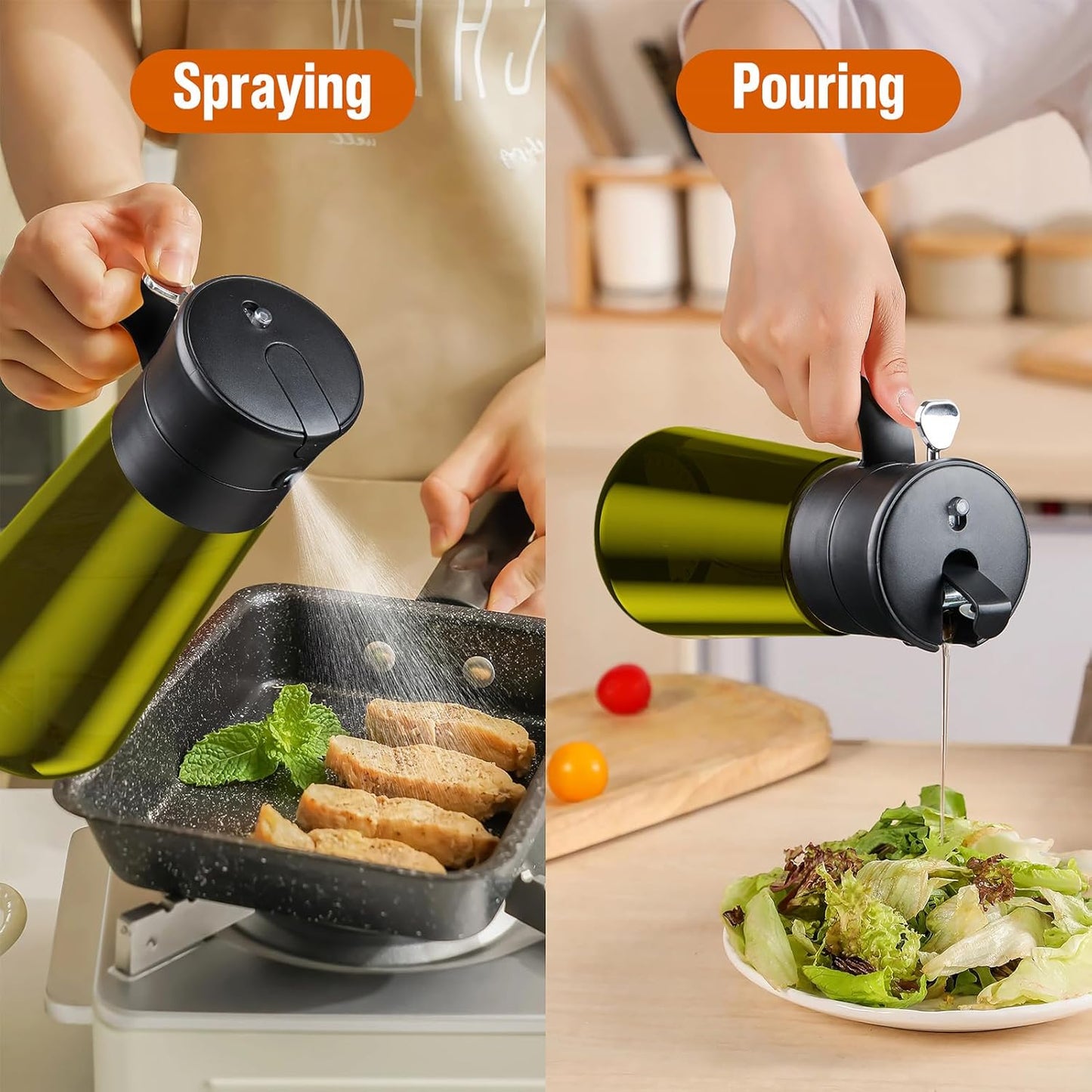 2 PCS Glass Olive Oil Dispenser for Kitchen, 2 In 1 Oil Dispenser Bottle & Oil Sprayer for Cooking, Auto Flip Cap, 17oz Black (Light Blockage)