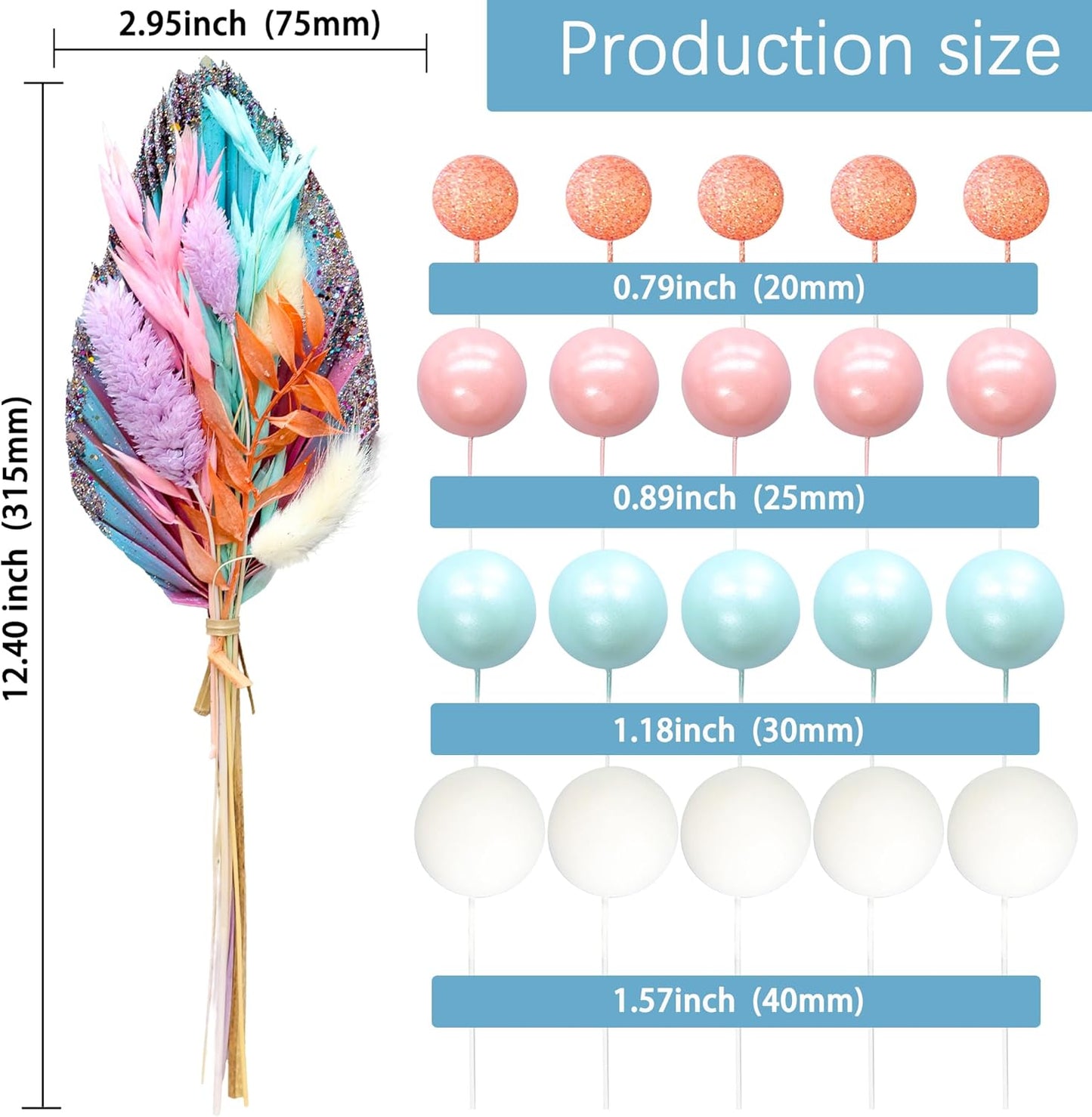 Gyufise 21 Pack Flower Boho Cake Topper Ball Cake Decorations Palm Leaves Plants Cake Decor for Girl Bohemian Princess Theme Wedding Baby Shower Birthday Party Supplies Pink Blue