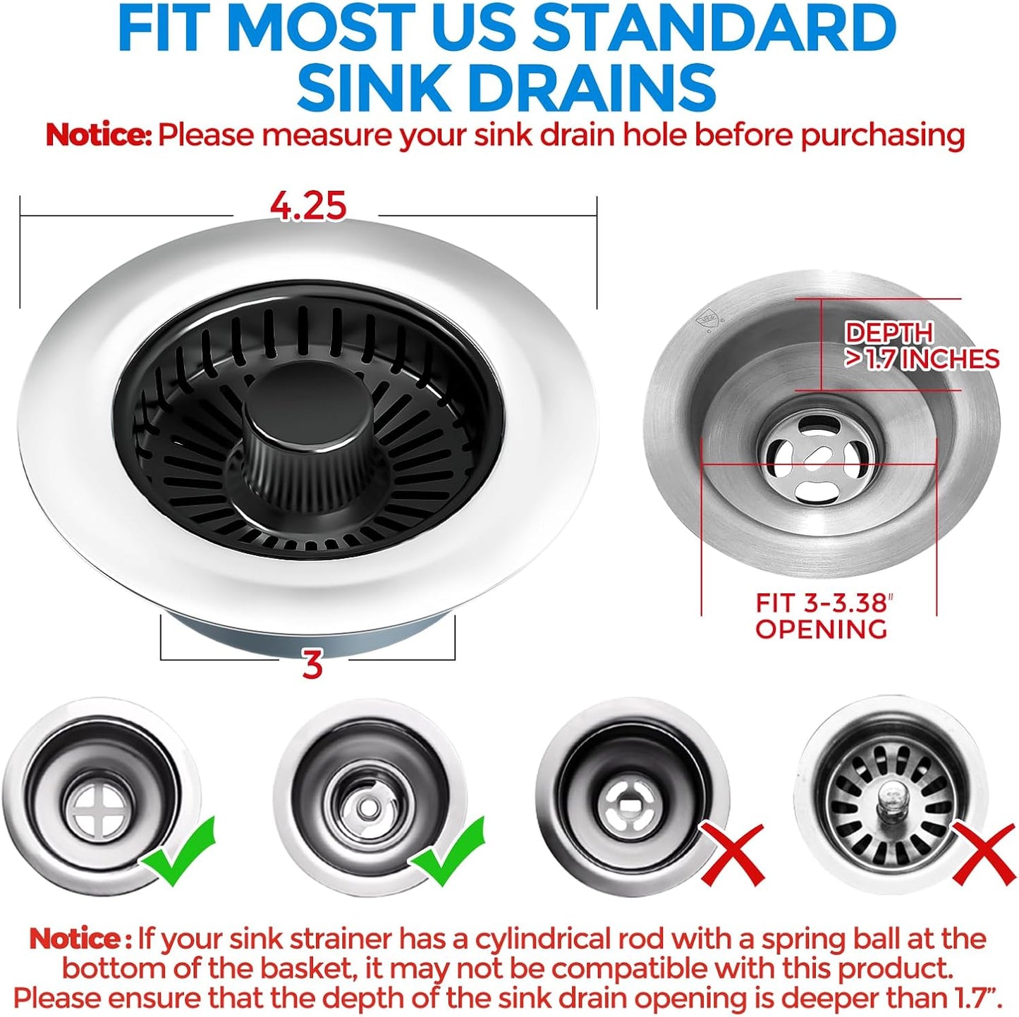 zaa Kitchen Sink Drain Strainer - Kitchen Sink Stopper, 304 Stainless Steel Sink Drain Stopper, Sink Protector for Kitchen with Anti-Clog Filter, Fit US Standard 3-1/2'' Sink Drain Hole, Black