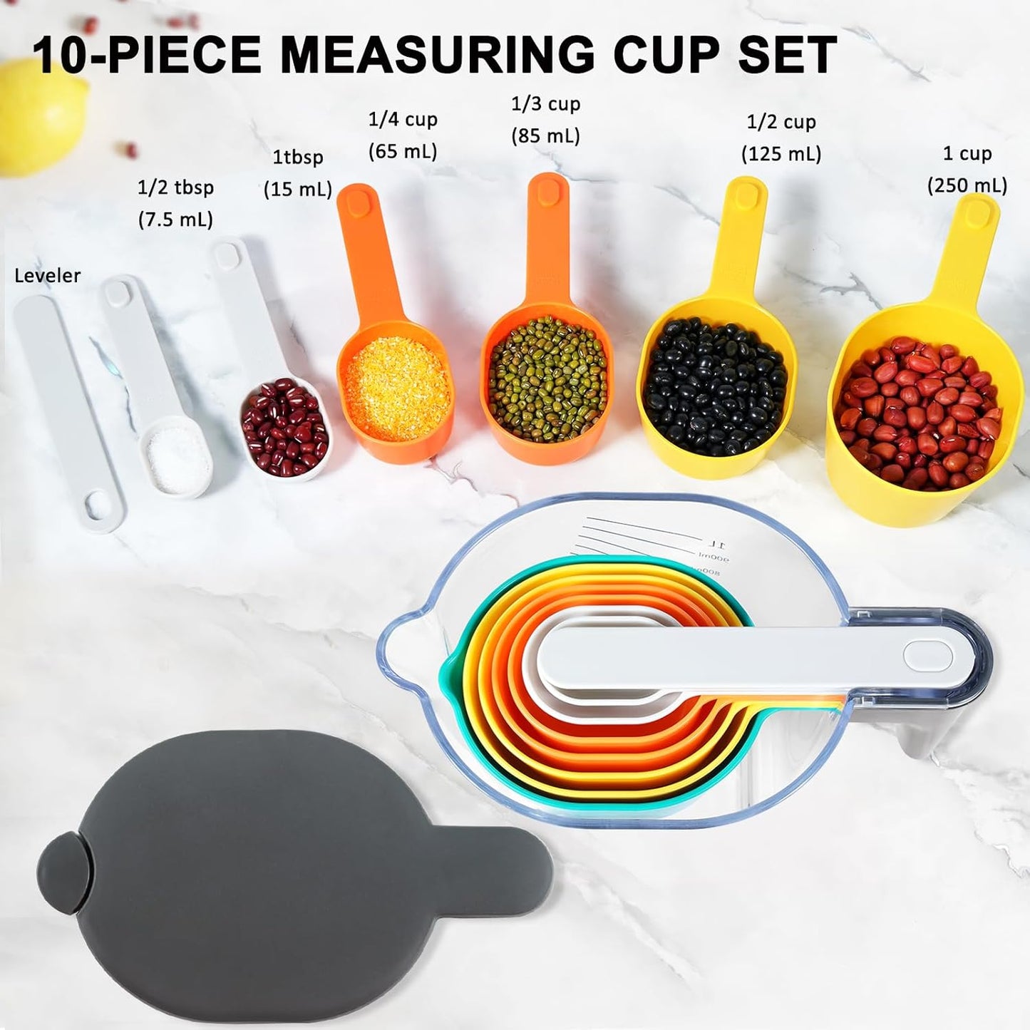Measuring Cups and Spoons set 10 Pieces, Stackable Measuring Cup with Lid, Kitchen Cooking Baking Measuring Set for Liquid and Dry, BPA Free, Dishwasher Safe (Multicolor)