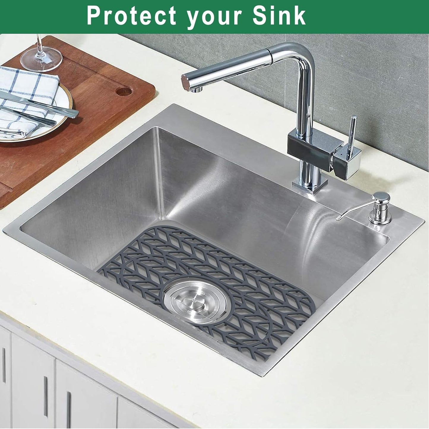 GUUKIN Sink Protectors for Kitchen sink, 13 5/8" x 11 5/8" Folding Non-slip Silicone Mat Grid for Bottom of Farmhouse Stainless Steel Porcelain Sink with 3 Reserved Holes