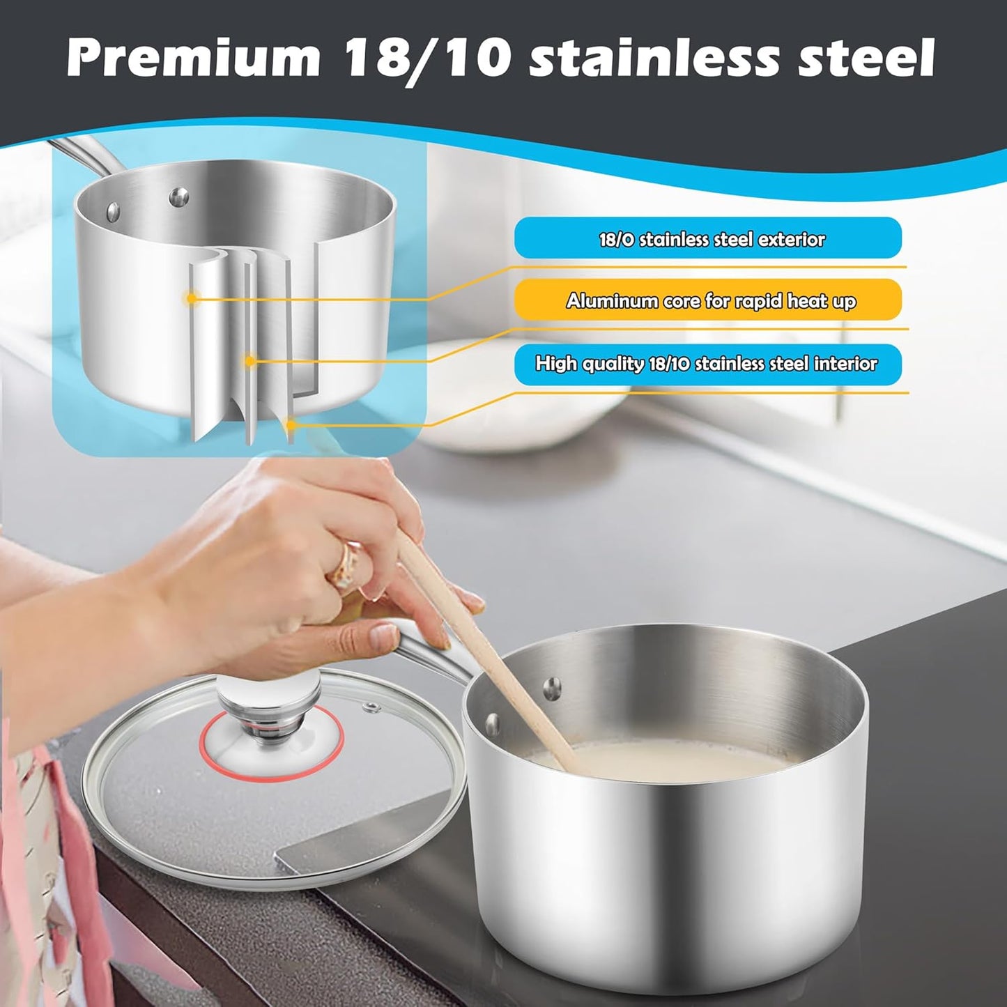 E-far 3-Quart Saucepan, Tri-Ply Stainless Steel Sauce Pan with Glass Lid, Small Cooking Induction Pot Compatible with All Cooktops, Non Toxic, Oven & Dishwasher Safe