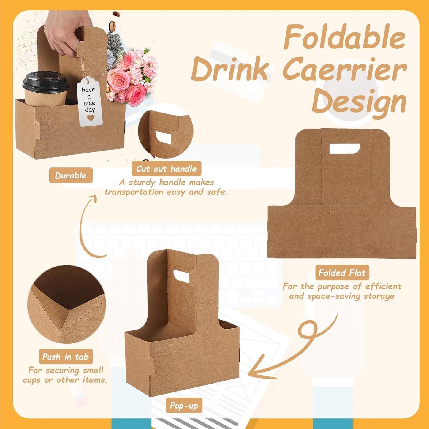 10 Pack 2 Cup Disposable Drink Carrier with Handle Paperboard Coffee Cup Holder Portable for Hot Cold Drinks Food Delivery Services with Heart Card for Teacher Appreciation Week Mother's Day