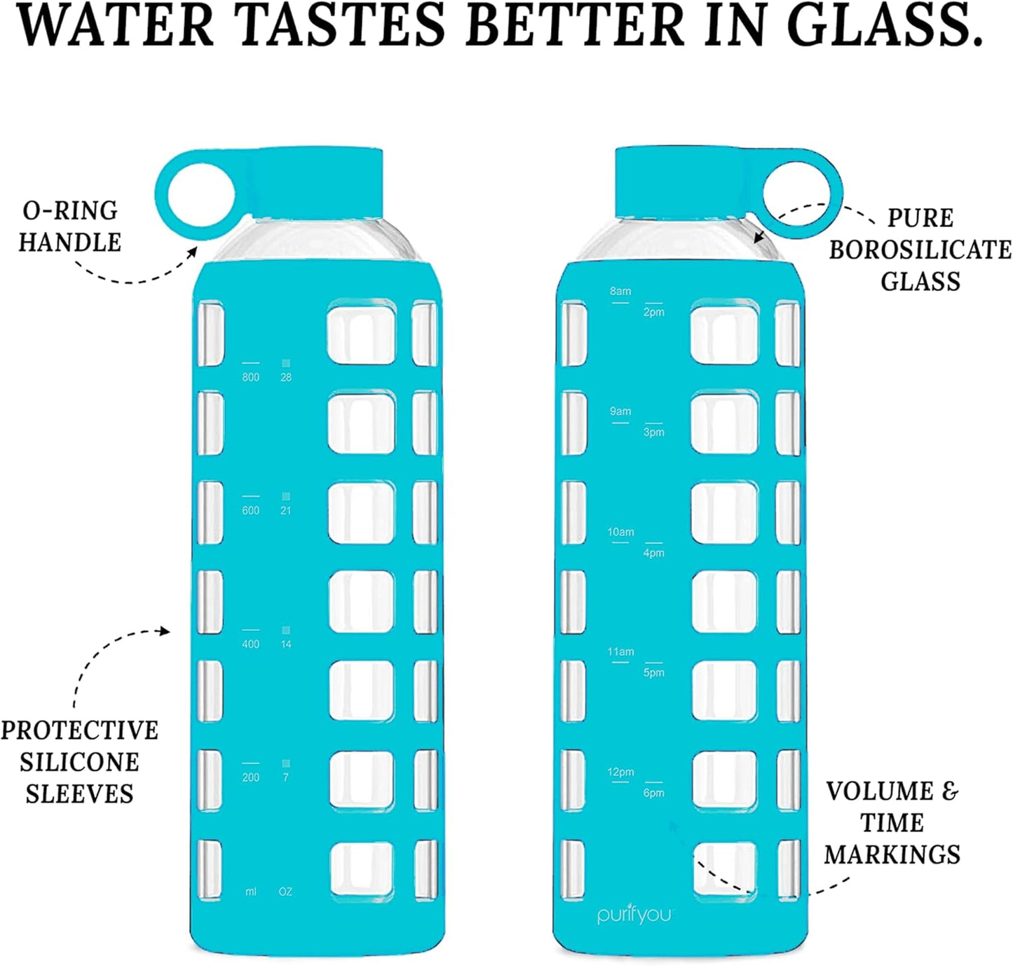 purifyou 40oz / 32oz / 22oz / 12oz Borosilicate Glass Water Bottle with Time & Volume Markers, Silicone Sleeve, Stainless Steel Lid – Reusable Glass Bottle for Water & Juice (32oz Aqua Blue)