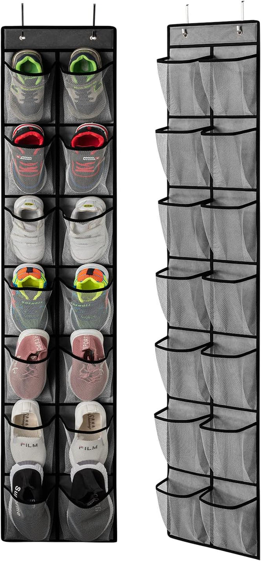 KEEPJOY Over the Door Shoe Organizer, Hanging Shoe Organizer with 4 Hooks,Door Shoe Holder with 14 Mesh Deep Pockets Closet Door Shoe Storage Bag (Grey-2Pack)