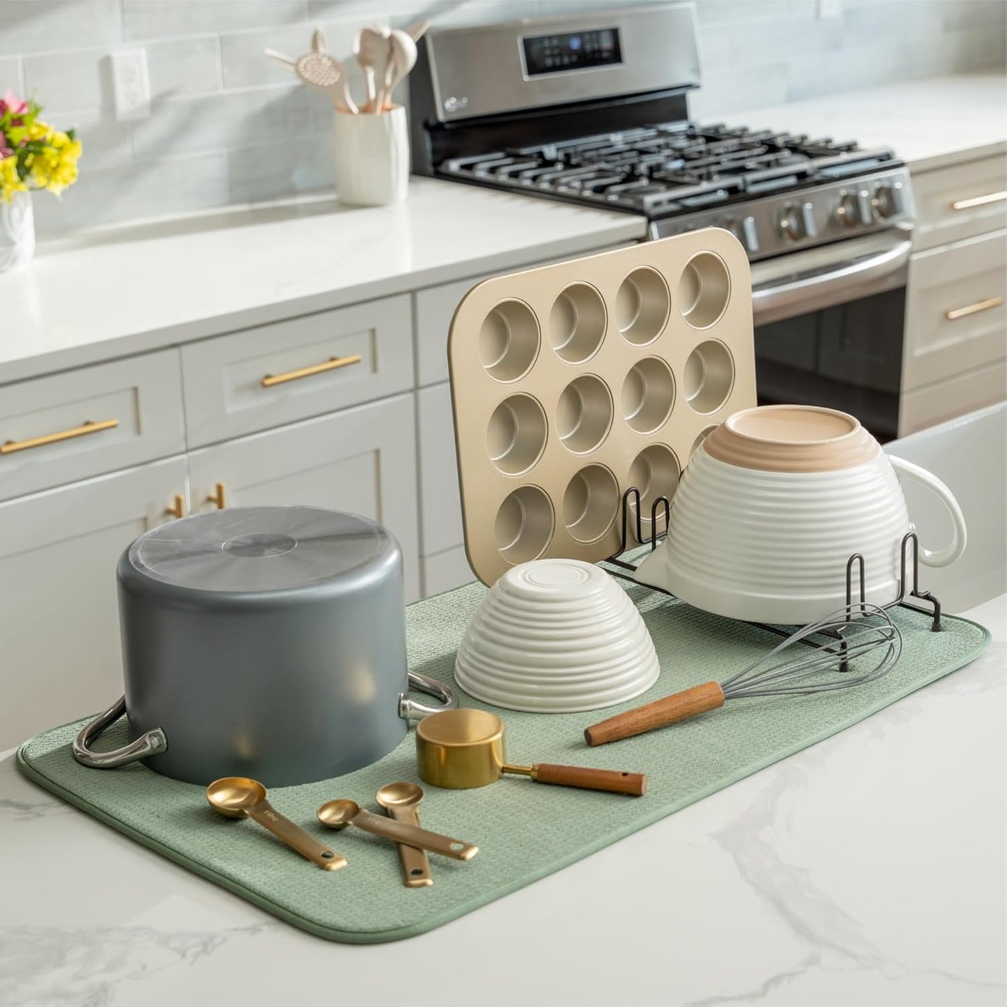 S&T INC. Dish Drying Mat Jumbo, 18” x 30”, Absorbent Microfiber Kitchen Counter Mat, Dish Drying Pad for Dishes, Utensils, Pots and Pans, Jumbo, Sage Green