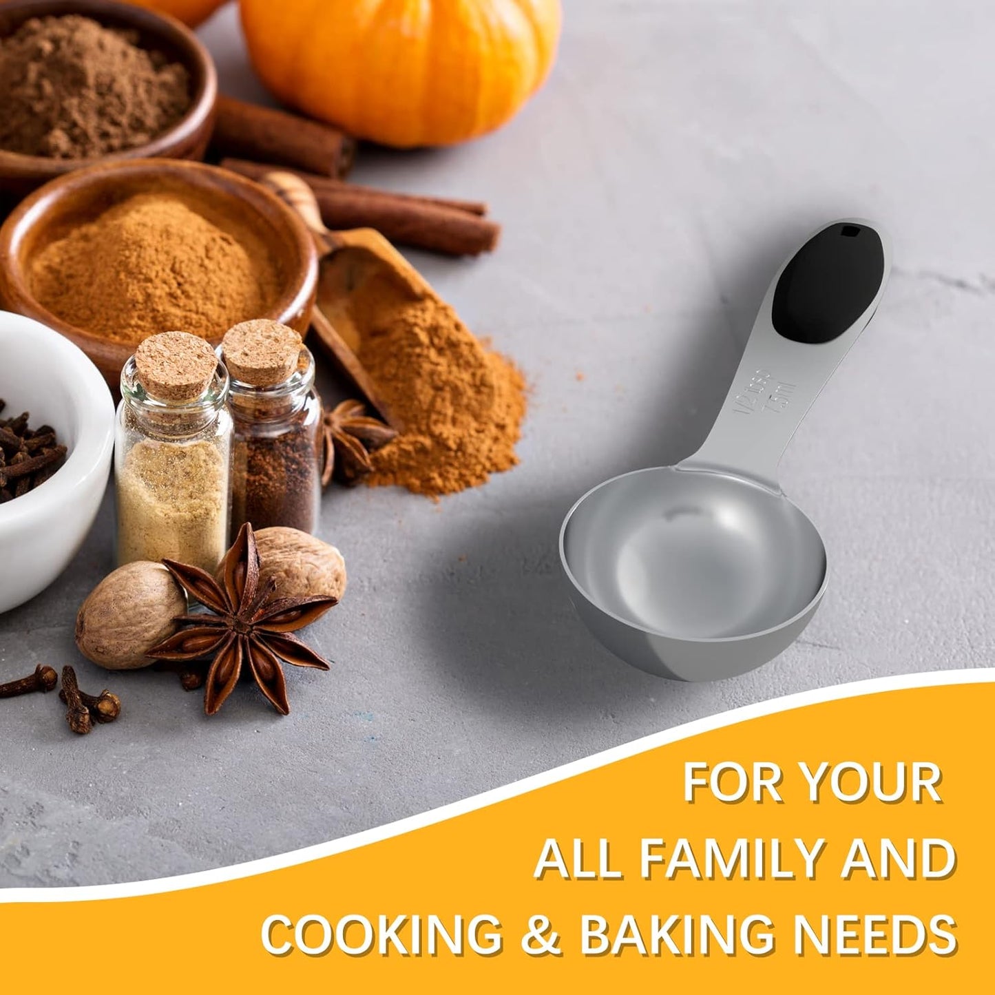 2PCS 1/2 Tbsp(1.5tsp, 1/4oz, 7.5ml) Single Measuring Spoon with Black Silicone Grip, Stainless Steel Individual Measure Scoop Only